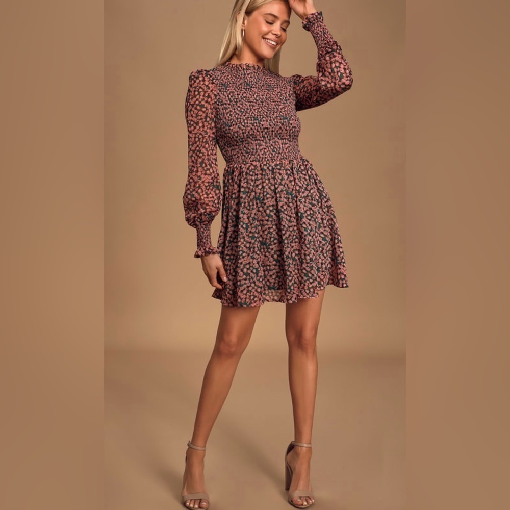 Lulus Floral Forever Green and Pink Floral Print Smocked Skater Dress, Small